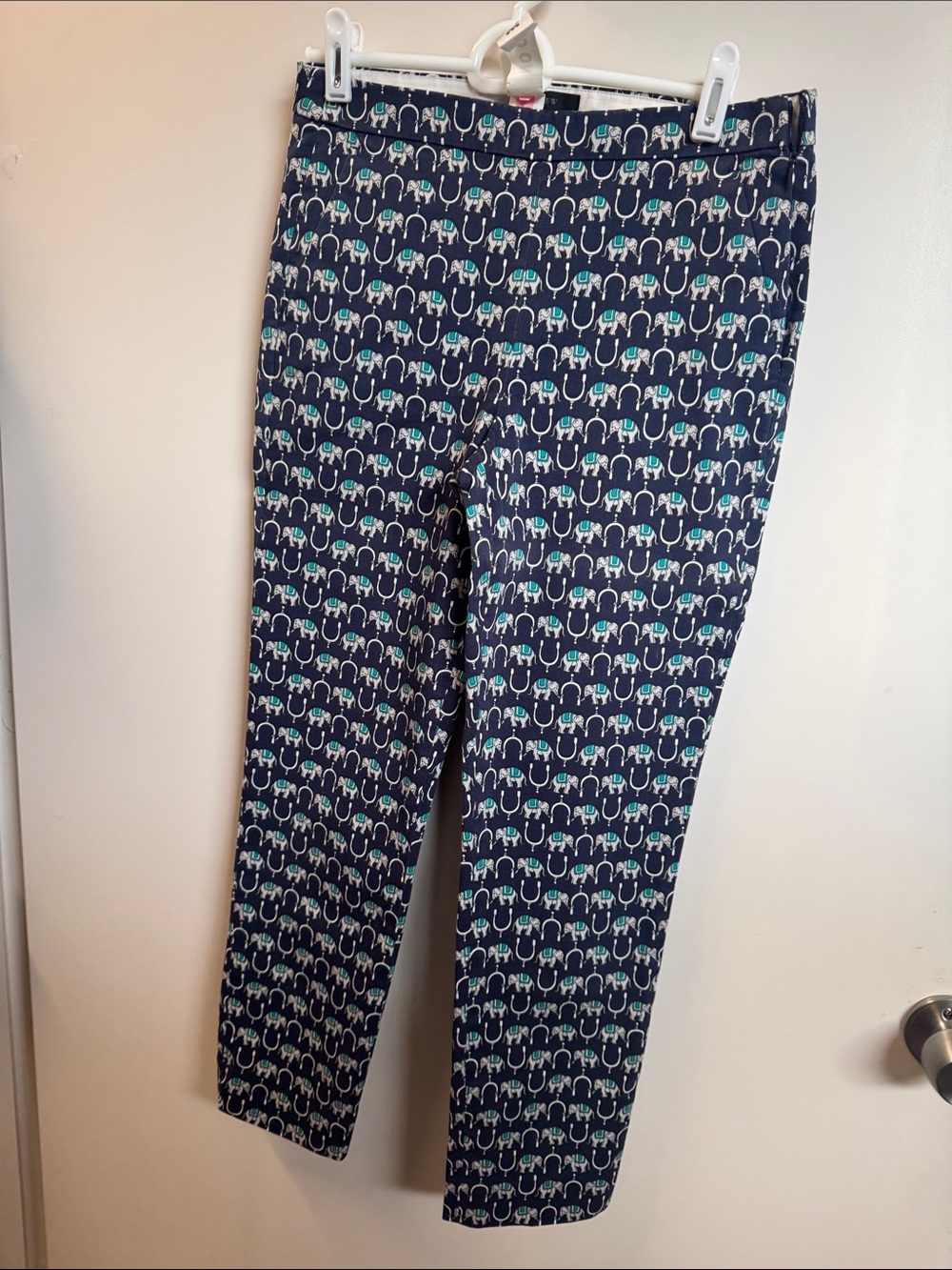 J. Crew Navy Pants with Teal and White Elephant Print